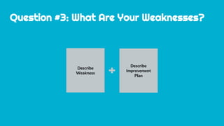 Question #3: What Are Your Weaknesses?
Describe
Weakness
Describe
Improvement
Plan
 
