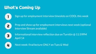 What’s Coming Up
Sign up for employment interview timeslots on COOL this week1
Prep and show up for employment interviews next week (optional
Interview Stream available)
2
Next week: final lecture ONLY on Tues & Wed4
Informational interview reflection due on Turnitin @ 11:59PM
April 14
3
 