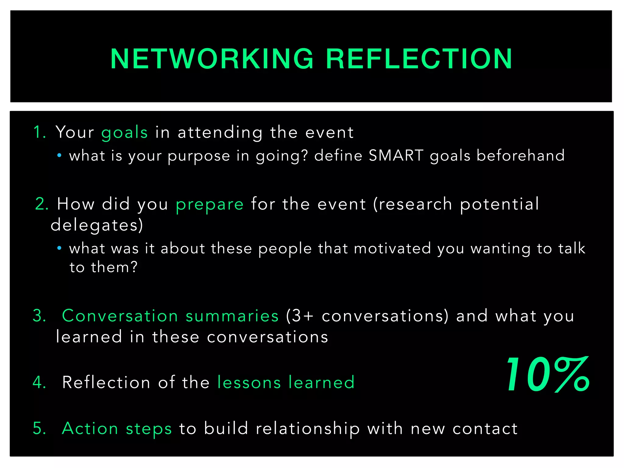 1.  Your goals in attending the event
•  what is your purpose in going? define SMART goals beforehand
2.  How did you prepare for the event (research potential
delegates)
•  what was it about these people that motivated you wanting to talk
to them?
3.  Conversation summaries (3+ conversations) and what you
learned in these conversations
4.  Reflection of the lessons learned
5.  Action steps to build relationship with new contact
NETWORKING REFLECTION!
 