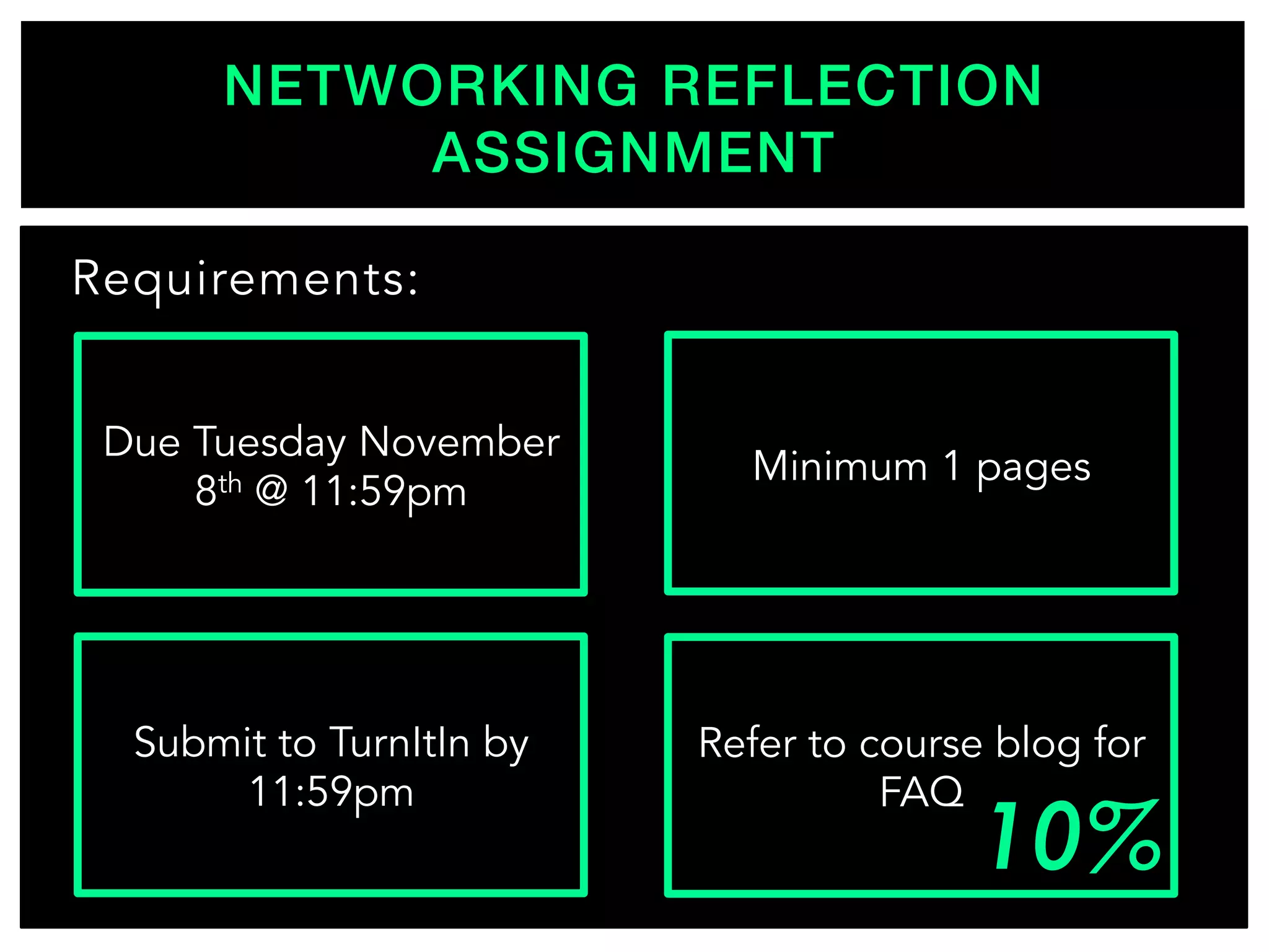 NETWORKING REFLECTION
ASSIGNMENT!
Requirements:
Submit to TurnItIn by
11:59pm
Due Tuesday November
8th @ 11:59pm
Refer to course blog for
FAQ
Minimum 1 pages
 
