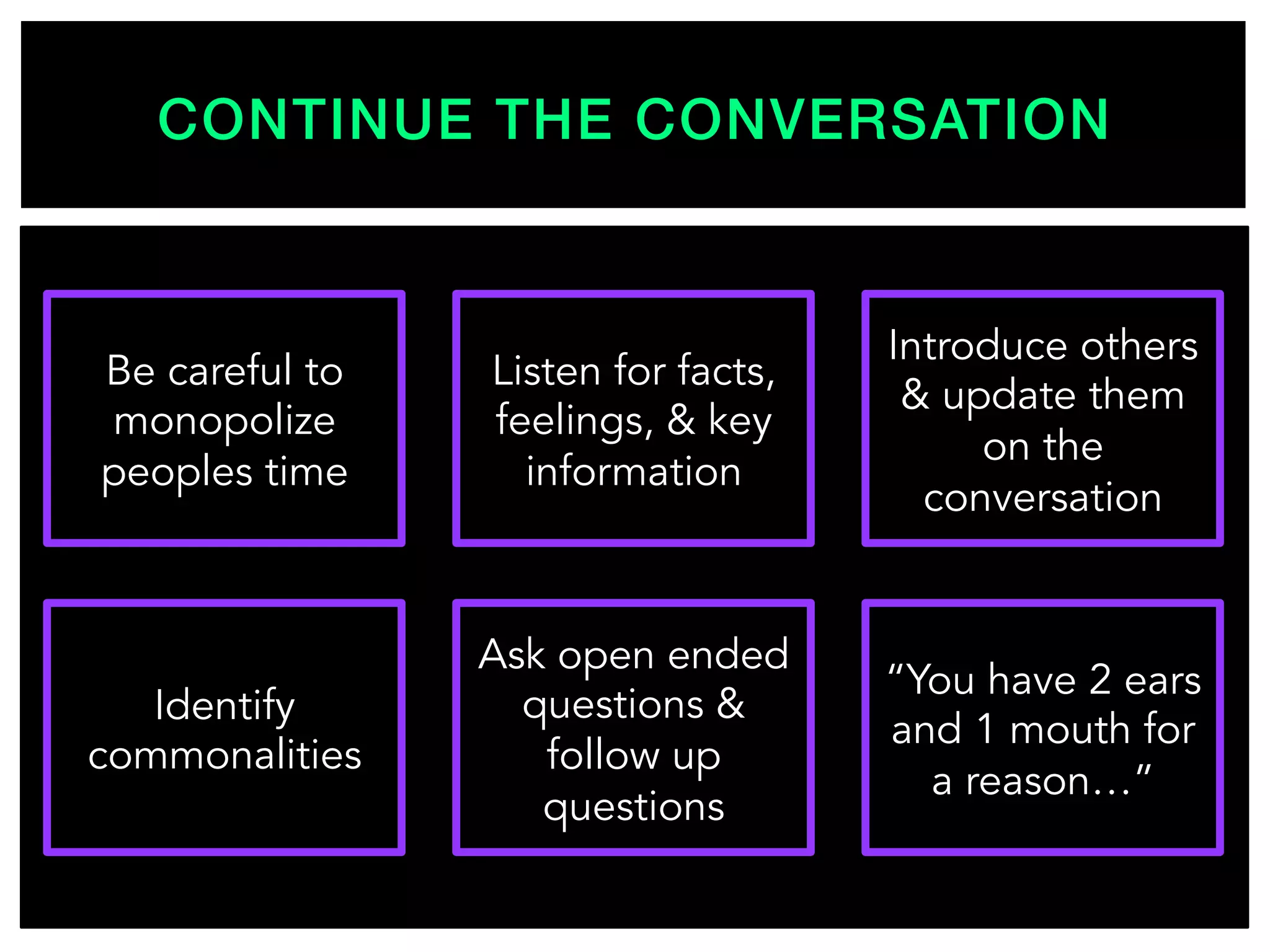 CONTINUE THE CONVERSATION!
Be careful to
monopolize
peoples time
Identify
commonalities
Listen for facts,
feelings, & key
information
Ask open ended
questions &
follow up
questions
Introduce others
& update them
on the
conversation
“You have 2 ears
and 1 mouth for
a reason…”
 
