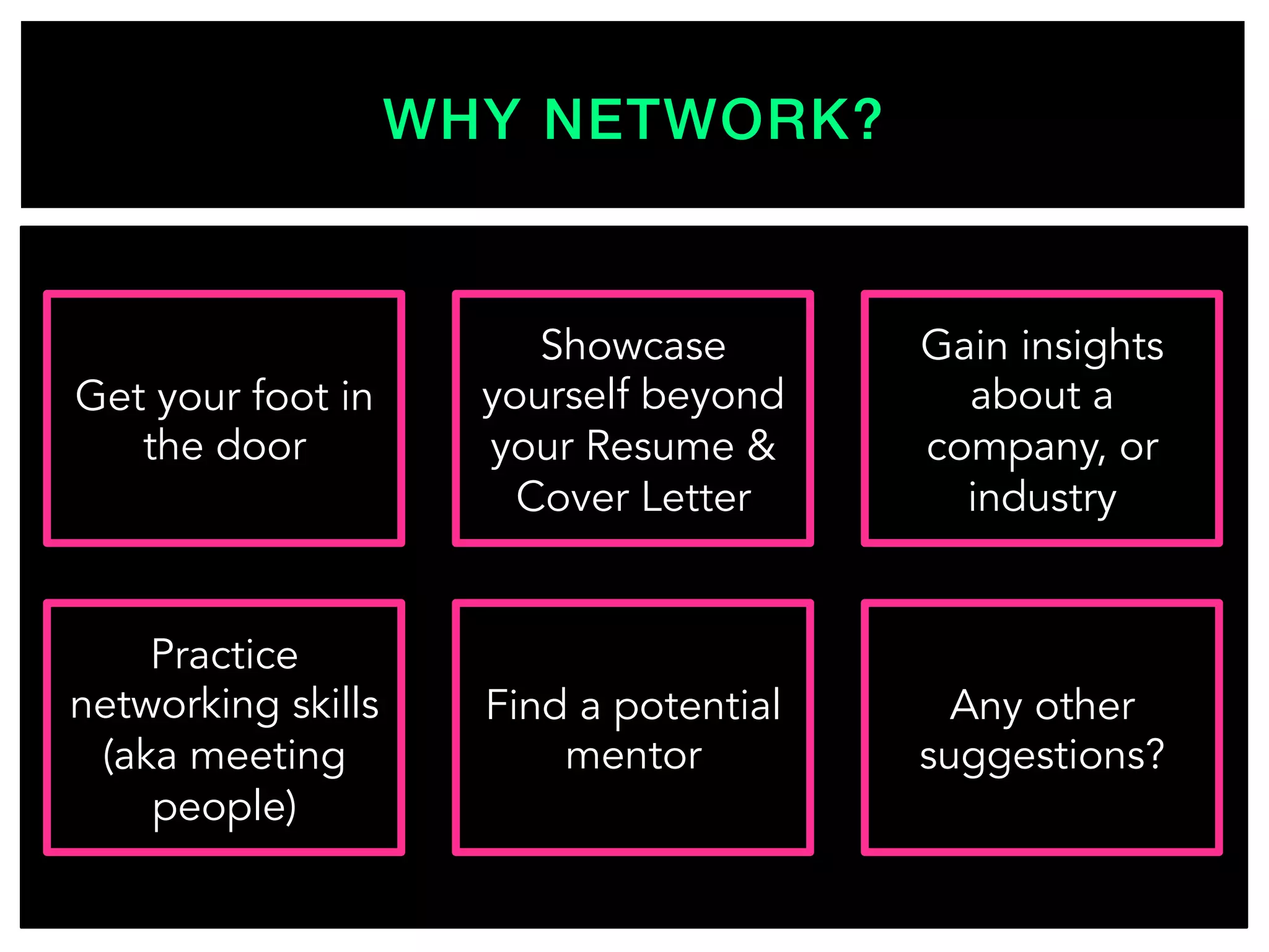 WHY NETWORK?!
Get your foot in
the door
Practice
networking skills
(aka meeting
people)
Showcase
yourself beyond
your Resume &
Cover Letter
Find a potential
mentor
Gain insights
about a
company, or
industry
Any other
suggestions?
 