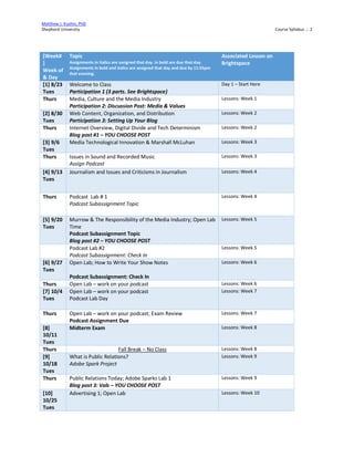 Matthew J. Kushin, PhD
Shepherd University Course Syllabus .:. 2
[Week#
]
Week of
& Day
Topic
Assignments in italics are assigned that day. In bold are due that day.
Assignments in bold and italics are assigned that day and due by 11:55pm
that evening.
Associated Lesson on
Brightspace
[1] 8/23
Tues
Welcome to Class
Participation 1 (3 parts. See Brightspace)
Day 1 – Start Here
Thurs Media, Culture and the Media Industry
Participation 2: Discussion Post: Media & Values
Lessons: Week 1
[2] 8/30
Tues
Web Content, Organization, and Distribution
Participation 3: Setting Up Your Blog
Lessons: Week 2
Thurs Internet Overview, Digital Divide and Tech Determinism
Blog post #1 – YOU CHOOSE POST
Lessons: Week 2
[3] 9/6
Tues
Media Technological Innovation & Marshall McLuhan Lessons: Week 3
Thurs Issues in Sound and Recorded Music
Assign Podcast
Lessons: Week 3
[4] 9/13
Tues
Journalism and Issues and Criticisms in Journalism Lessons: Week 4
Thurs Podcast Lab # 1
Podcast Subassignment Topic
Lessons: Week 4
[5] 9/20
Tues
Murrow & The Responsibility of the Media Industry; Open Lab
Time
Podcast Subassignment Topic
Blog post #2 – YOU CHOOSE POST
Lessons: Week 5
Podcast Lab #2
Podcast Subassignment: Check In
Lessons: Week 5
[6] 9/27
Tues
Open Lab; How to Write Your Show Notes
Podcast Subassignment: Check In
Lessons: Week 6
Thurs Open Lab – work on your podcast Lessons: Week 6
[7] 10/4
Tues
Open Lab – work on your podcast
Podcast Lab Day
Lessons: Week 7
Thurs Open Lab – work on your podcast; Exam Review
Podcast Assignment Due
Lessons: Week 7
[8]
10/11
Tues
Midterm Exam Lessons: Week 8
Thurs Fall Break – No Class Lessons: Week 8
[9]
10/18
Tues
What is Public Relations?
Adobe Spark Project
Lessons: Week 9
Thurs Public Relations Today; Adobe Sparks Lab 1
Blog post 3: Vals – YOU CHOOSE POST
Lessons: Week 9
[10]
10/25
Tues
Advertising 1; Open Lab Lessons: Week 10
 