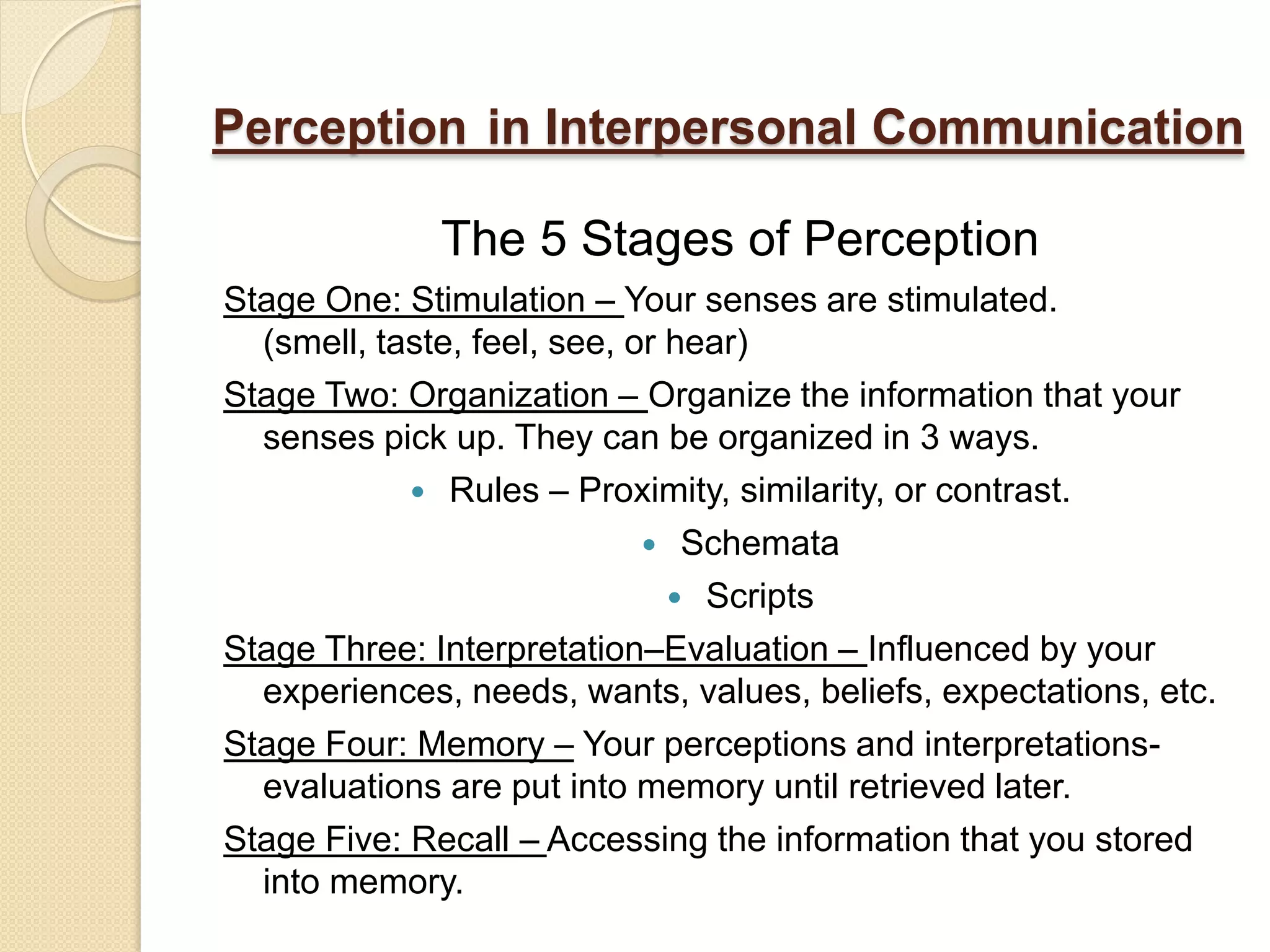 Perception in Interpersonal Communication

              The 5 Stages of Perception
Stage One: Stimulation – Your senses are stimulated.
  (smell, taste, feel, see, or hear)
Stage Two: Organization – Organize the information that your
  senses pick up. They can be organized in 3 ways.
             Rules – Proximity, similarity, or contrast.
                              Schemata
                                Scripts
Stage Three: Interpretation–Evaluation – Influenced by your
  experiences, needs, wants, values, beliefs, expectations, etc.
Stage Four: Memory – Your perceptions and interpretations-
  evaluations are put into memory until retrieved later.
Stage Five: Recall – Accessing the information that you stored
  into memory.
 