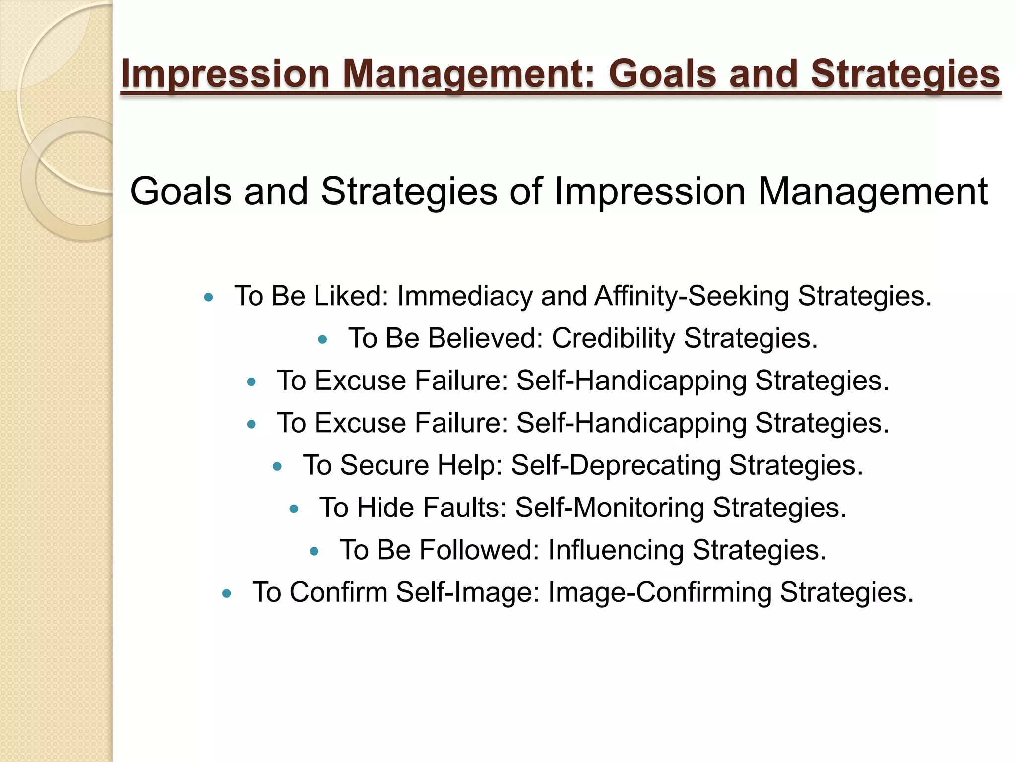 Impression Management: Goals and Strategies

Goals and Strategies of Impression Management

        To Be Liked: Immediacy and Affinity-Seeking Strategies.
                To Be Believed: Credibility Strategies.
           To Excuse Failure: Self-Handicapping Strategies.
           To Excuse Failure: Self-Handicapping Strategies.
             To Secure Help: Self-Deprecating Strategies.
              To Hide Faults: Self-Monitoring Strategies.
               To Be Followed: Influencing Strategies.
         To Confirm Self-Image: Image-Confirming Strategies.
 