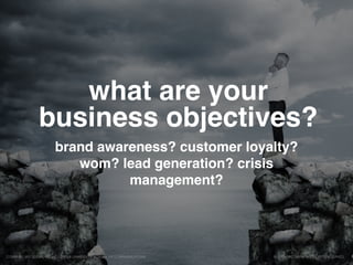 what are your
business objectives?
brand awareness? customer loyalty?
wom? lead generation? crisis
management?
© 2015 ERIC BRYN. ALL RIGHTS RESERVED.COMM 261 201 SOCIAL MEDIA, LOYOLA UNIVERSITY, SCHOOL OF COMMUNICATIONS
 