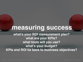 measuring success
what’s your ROI measurement plan?
what are your KPIs?
what tools will you use?
what’s your budget?
KPIs and ROI tie back to business objectives?
© 2015 ERIC BRYN. ALL RIGHTS RESERVED.COMM 261 201 SOCIAL MEDIA, LOYOLA UNIVERSITY, SCHOOL OF COMMUNICATIONS
 