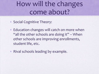 How will the changes
       come about?
• Social Cognitive Theory:

• Education changes will catch on more when
  “all the other schools are doing it” – When
  other schools are improving enrollments,
  student life, etc.

• Rival schools leading by example.
 