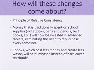 How will these changes
      come about?
• Principle of Relative Consistency:
• Money that is traditionally spent on school
  supplies (notebooks, pens and pencils, text
  books, etc.) will now be invested in advanced
  tablets, eliminating the need to repurchase
  every semester.
• Ebooks, which cost less money and create less
  waste, will be purchased instead of hard cover
  textbooks.
 