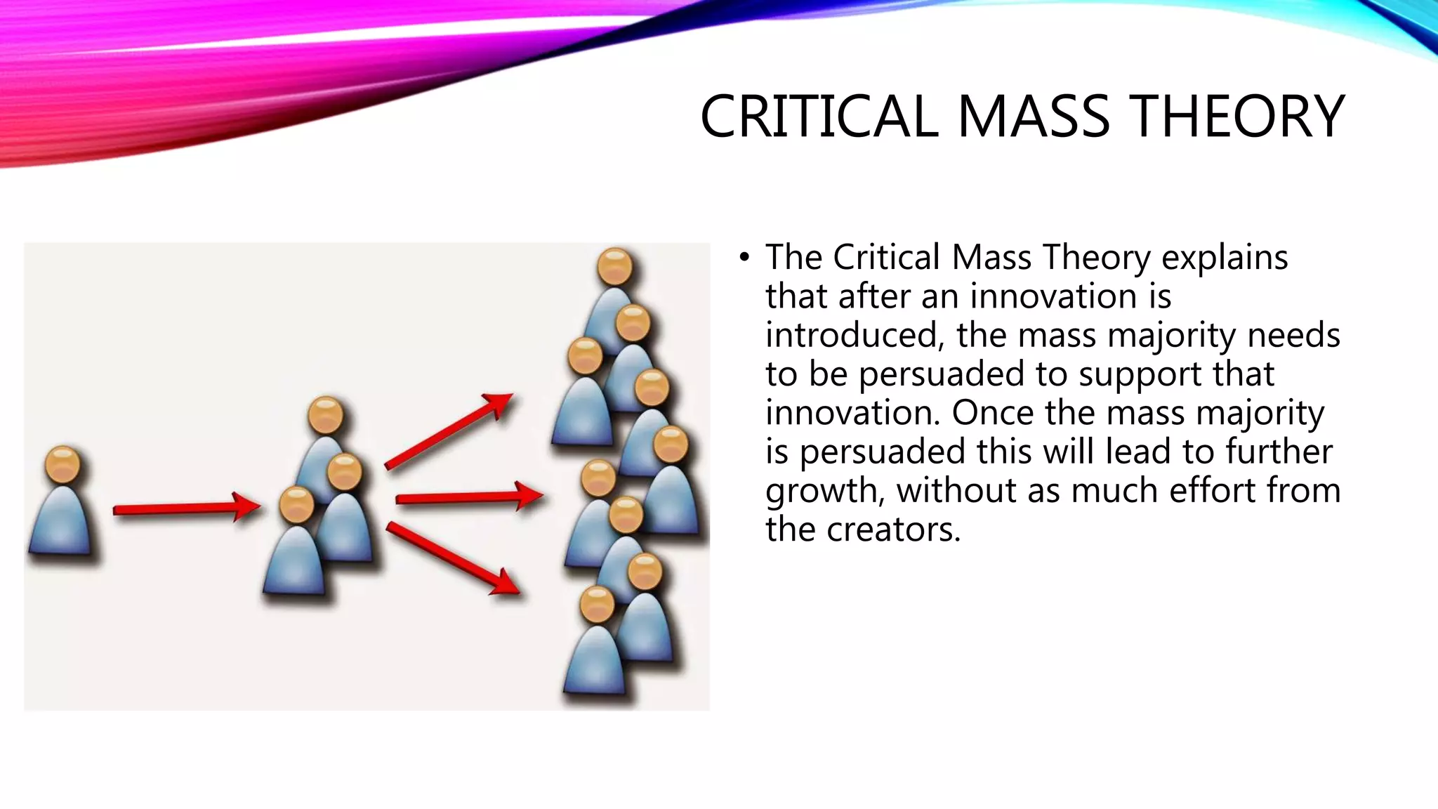 CRITICAL MASS THEORY
• The Critical Mass Theory explains
that after an innovation is
introduced, the mass majority needs
to be persuaded to support that
innovation. Once the mass majority
is persuaded this will lead to further
growth, without as much effort from
the creators.
 