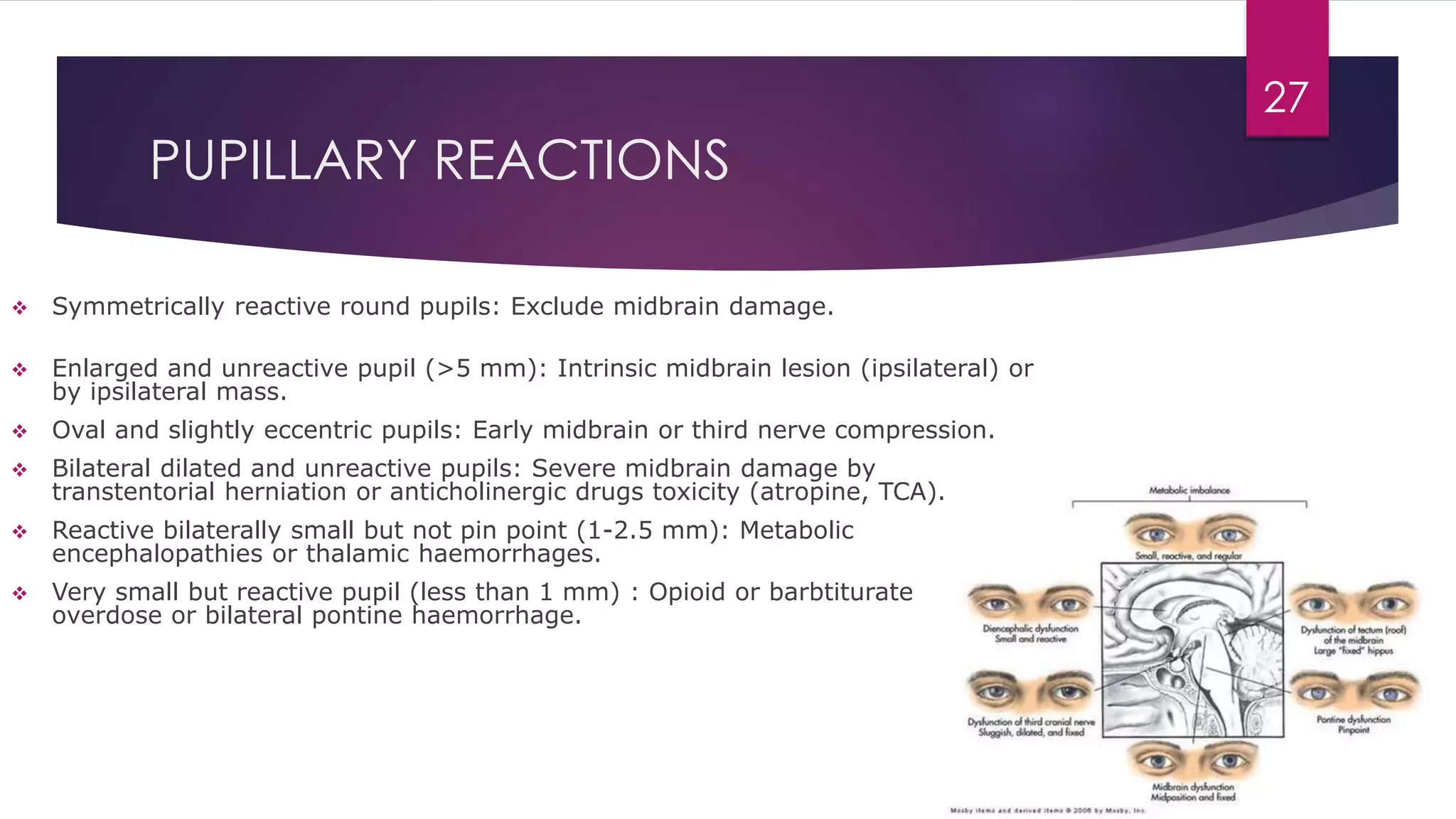 PUPILLARY REACTIONS
 Symmetrically reactive round pupils: Exclude midbrain damage.
 Enlarged and unreactive pupil (>5 mm): Intrinsic midbrain lesion (ipsilateral) or
by ipsilateral mass.
 Oval and slightly eccentric pupils: Early midbrain or third nerve compression.
 Bilateral dilated and unreactive pupils: Severe midbrain damage by
transtentorial herniation or anticholinergic drugs toxicity (atropine, TCA).
 Reactive bilaterally small but not pin point (1-2.5 mm): Metabolic
encephalopathies or thalamic haemorrhages.
 Very small but reactive pupil (less than 1 mm) : Opioid or barbtiturate
overdose or bilateral pontine haemorrhage.
27
 