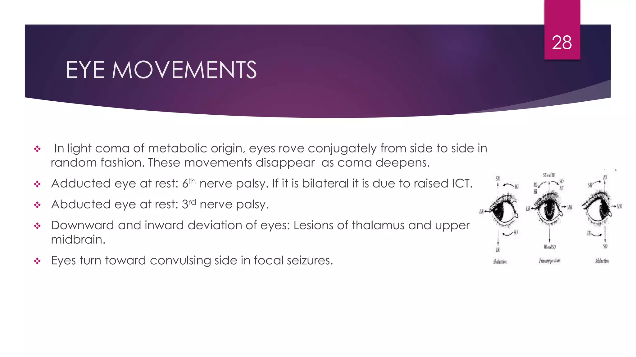 EYE MOVEMENTS
 In light coma of metabolic origin, eyes rove conjugately from side to side in
random fashion. These movements disappear as coma deepens.
 Adducted eye at rest: 6th nerve palsy. If it is bilateral it is due to raised ICT.
 Abducted eye at rest: 3rd nerve palsy.
 Downward and inward deviation of eyes: Lesions of thalamus and upper
midbrain.
 Eyes turn toward convulsing side in focal seizures.
28
 