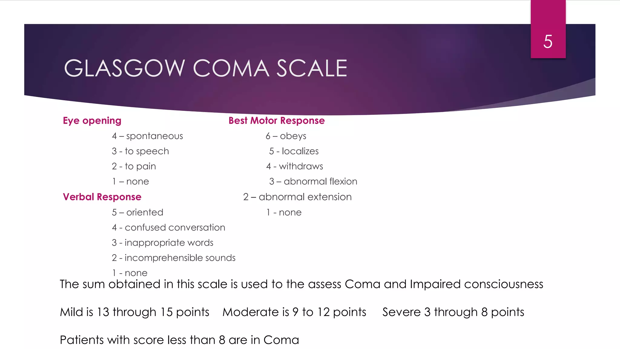 GLASGOW COMA SCALE
Eye opening Best Motor Response
4 – spontaneous 6 – obeys
3 - to speech 5 - localizes
2 - to pain 4 - withdraws
1 – none 3 – abnormal flexion
Verbal Response 2 – abnormal extension
5 – oriented 1 - none
4 - confused conversation
3 - inappropriate words
2 - incomprehensible sounds
1 - none
5
The sum obtained in this scale is used to the assess Coma and Impaired consciousness
Mild is 13 through 15 points Moderate is 9 to 12 points Severe 3 through 8 points
Patients with score less than 8 are in Coma
 