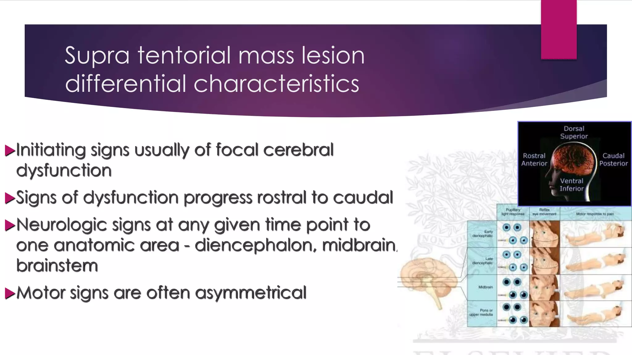 Supra tentorial mass lesion
differential characteristics
Initiating signs usually of focal cerebral
dysfunction
Signs of dysfunction progress rostral to caudal
Neurologic signs at any given time point to
one anatomic area - diencephalon, midbrain,
brainstem
Motor signs are often asymmetrical
 