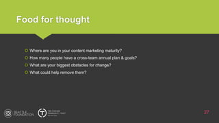 Food for thought
27
 Where are you in your content marketing maturity?
 How many people have a cross-team annual plan & goals?
 What are your biggest obstacles for change?
 What could help remove them?
 
