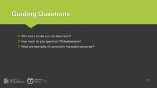Guiding Questions
29
 Who has a model you can learn from?
 How much do you spend on IT/infrastructure?
 What are examples of community foundation personas?
 
