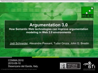 Argumentation 3.0How Semantic Web technologies can improve argumentation modeling in Web 2.0 environments Jodi Schneider, Alexandre Passant, Tudor Groza, John G. Breslin COMMA 20102010-09-10 Desenzano del Garda, Italy 