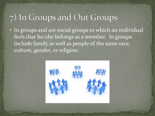  In groups and are social groups to which an individual
 feels that he/she belongs as a member. In groups
 include family as well as people of the same race,
 culture, gender, or religion.
 