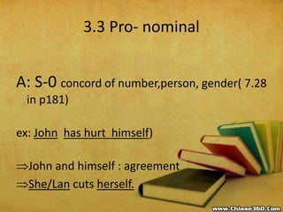 3.3 Pro- nominal
A: S-0 concord of number,person, gender( 7.28
in p181)
ex: John has hurt himself)
John and himself : agreement
She/Lan cuts herself.
 