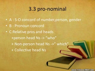 • A : S-O concord of number,person, gender
• B : Pronoun concord
• C:Relative pros and heads
+person head Ns -> “who”
+ Non-person head Ns ->” which”
+ Collective head Ns
3.3 pro-nominal
 