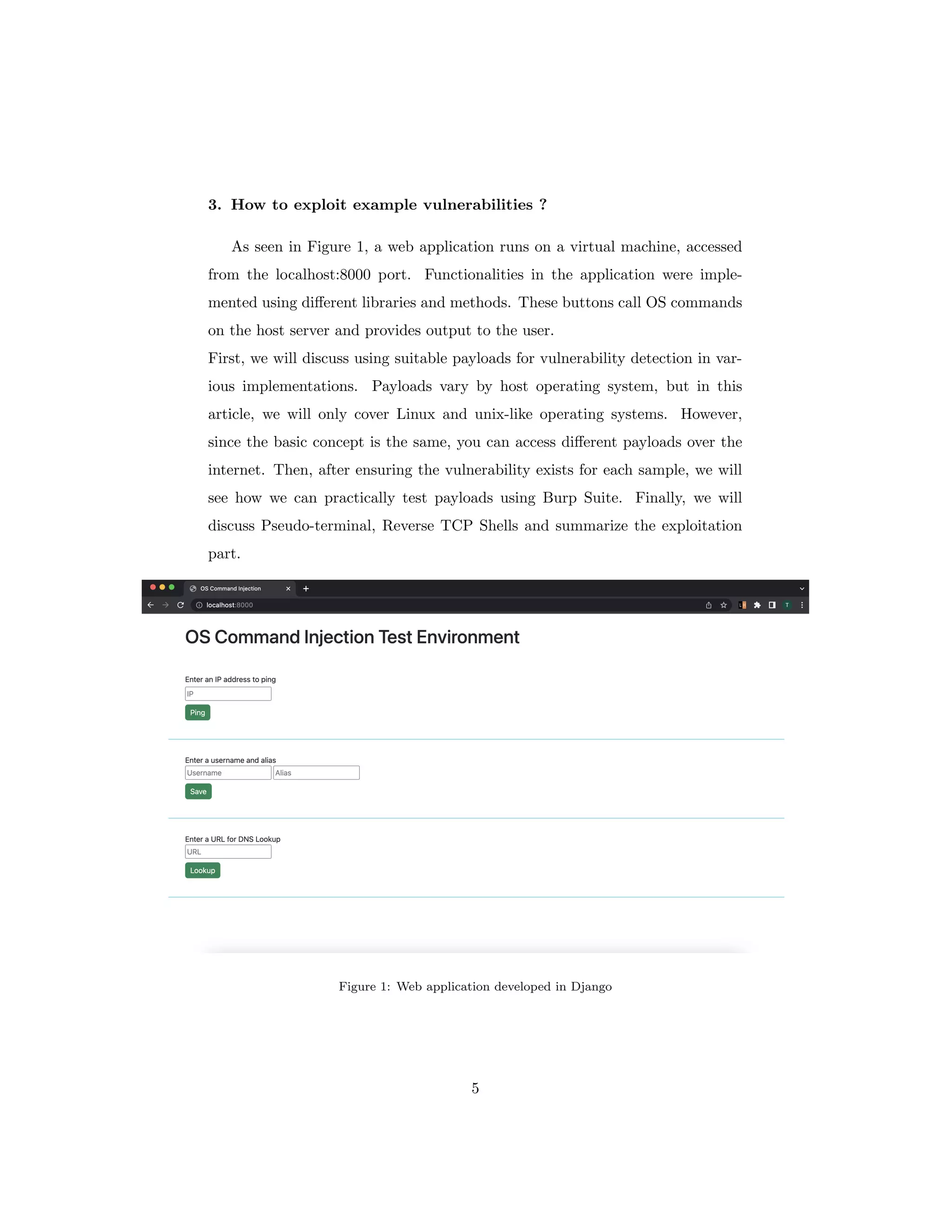 3. How to exploit example vulnerabilities ?
As seen in Figure 1, a web application runs on a virtual machine, accessed
from the localhost:8000 port. Functionalities in the application were imple-
mented using different libraries and methods. These buttons call OS commands
on the host server and provides output to the user.
First, we will discuss using suitable payloads for vulnerability detection in var-
ious implementations. Payloads vary by host operating system, but in this
article, we will only cover Linux and unix-like operating systems. However,
since the basic concept is the same, you can access different payloads over the
internet. Then, after ensuring the vulnerability exists for each sample, we will
see how we can practically test payloads using Burp Suite. Finally, we will
discuss Pseudo-terminal, Reverse TCP Shells and summarize the exploitation
part.
Figure 1: Web application developed in Django
5
 