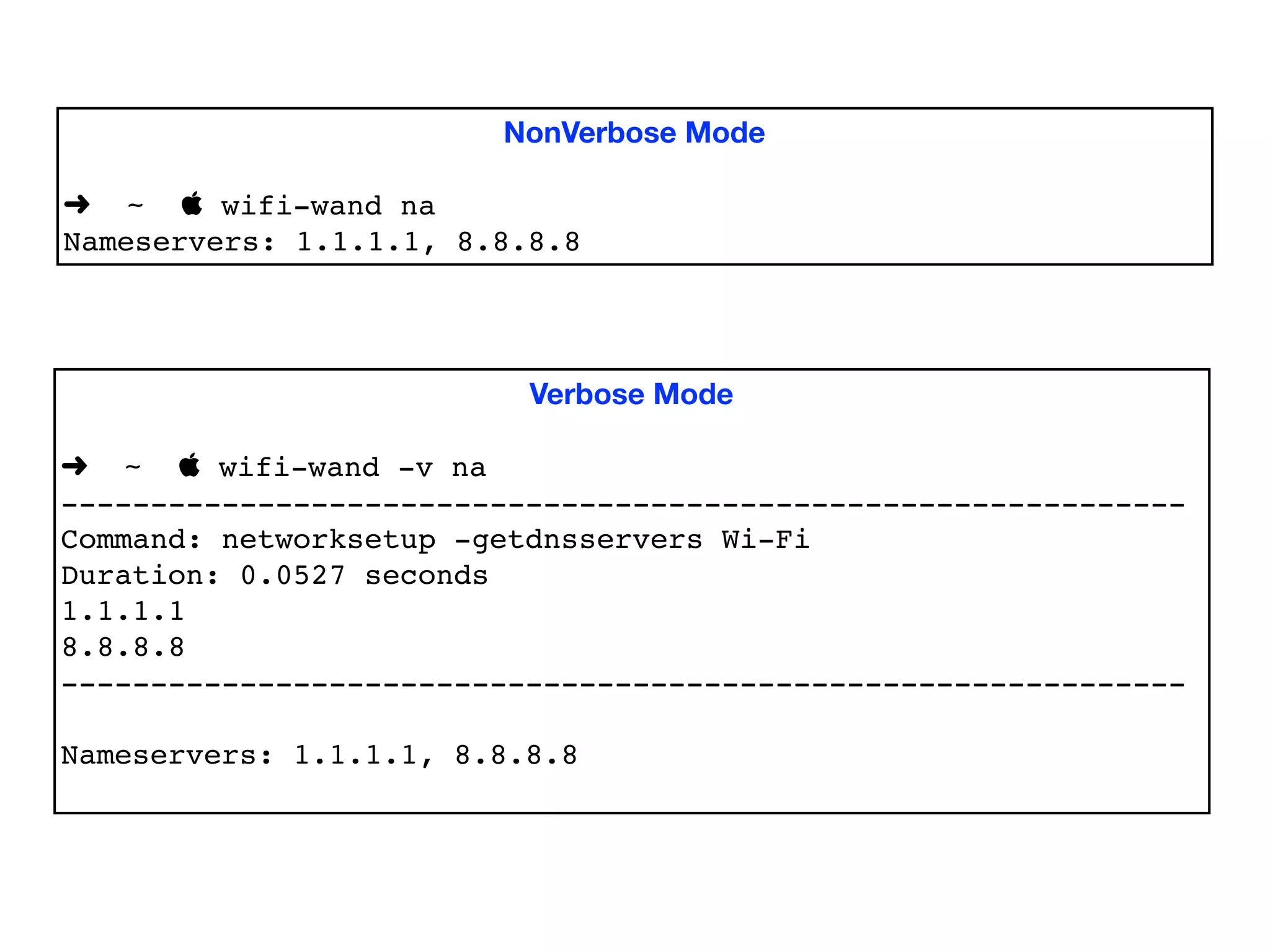 NonVerbose Mode
➜ ~  wifi-wand na
Nameservers: 1.1.1.1, 8.8.8.8
Verbose Mode
➜ ~  wifi-wand -v na
---------------------------------------------------------------
Command: networksetup -getdnsservers Wi-Fi
Duration: 0.0527 seconds
1.1.1.1
8.8.8.8
---------------------------------------------------------------
Nameservers: 1.1.1.1, 8.8.8.8
 