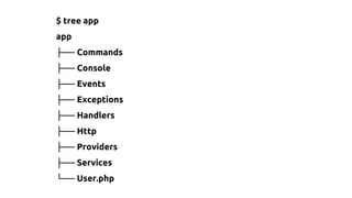 $ tree app
app
├── Commands
├── Console
├── Events
├── Exceptions
├── Handlers
├── Http
├── Providers
├── Services
└── User.php
 