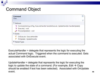 Command Object ExecuteHandler = delegate that represents the logic for executing the actual Command logic.  Triggered when the command is executed. Gets associated with OnExecute event. UpdateHandler = delegate that represents the logic for executing the logic to update the state of a command. (For example, Edit    Copy should be enabled if text has been selected).  Associated with OnUpdate event. 