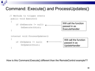 Command: Execute() and ProcessUpdates() // Methods to trigger events public void Execute() { if (OnExecute != null) OnExecute(this); } internal void ProcessUpdates() { if (OnUpdate != null) OnUpdate(this); } Will call the function passed in as ExecuteHandler Will call the function passed in as UpdateHandler How is this Command.Execute() different than the RemoteControl example?? 