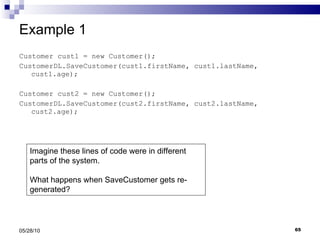 Example 1 Customer cust1 = new Customer(); CustomerDL.SaveCustomer(cust1.firstName, cust1.lastName, cust1.age); Customer cust2 = new Customer(); CustomerDL.SaveCustomer(cust2.firstName, cust2.lastName, cust2.age); 05/28/10 Imagine these lines of code were in different parts of the system. What happens when SaveCustomer gets re-generated? 