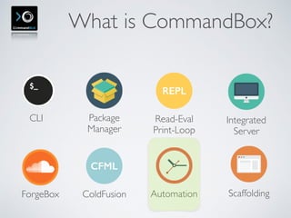 What is CommandBox?
CLI Package 
Manager
REPL
Read-Eval 
Print-Loop
Integrated 
Server
ScaffoldingForgeBox
CFML
ColdFusion Automation
 