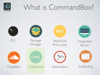 What is CommandBox?
CLI Package 
Manager
REPL
Read-Eval 
Print-Loop
Integrated 
Server
ScaffoldingForgeBox
CFML
ColdFusion Automation
 