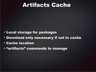 Artifacts Cache 
● Local storage for packages 
● Download only necessary if not in cache 
● Cache location 
● “artifacts” commands to manage 
 