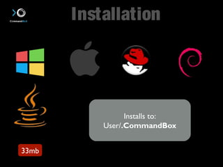 Installation 
Java 1.7+ 
33mb 
Installs to: 
User/.CommandBox 
 