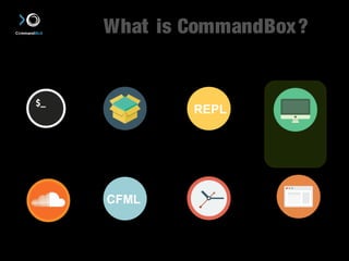 What is CommandBox? 
CLI Package 
Manager 
REPL 
Read-Eval 
Print-Loop 
Integrated 
Server 
CFML 
ForgeBox Scaffolding 
ColdFusion Automation 
 