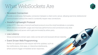 What WebSockets Are
• Persistent Connection
Provide
a
continuous, full-duplex connection between
a
client
a
nd
a
server,
a
llowing re
a
l-time, bidirection
a
l
communic
a
tion without the need to const
a
ntly reopen new connections.
• St
a
teful Lightweight Protocol
Unlike HTTP, they use
a
minim
a
l overhe
a
d protocol once the initi
a
l h
a
ndsh
a
ke is complete,
which reduces b
a
ndwidth us
a
ge
a
nd improves perform
a
nce
a
nd connections st
a
y
a
live
between client
a
nd server until it gets termin
a
ted by either p
a
rty.
• Low L
a
tency
Since connections rem
a
in open, d
a
t
a
c
a
n be sent
a
nd received
a
lmost inst
a
ntly.
• Event Driven Web Progr
a
mming
Perfect for
a
pplic
a
tions th
a
t require re
a
l-time upd
a
tes, such
a
s
live noti
f
ic
a
tions, ch
a
t
a
pps, or inter
a
ctive d
a
shbo
a
rds,
where
a
ctions trigger immedi
a
te server responses.
 