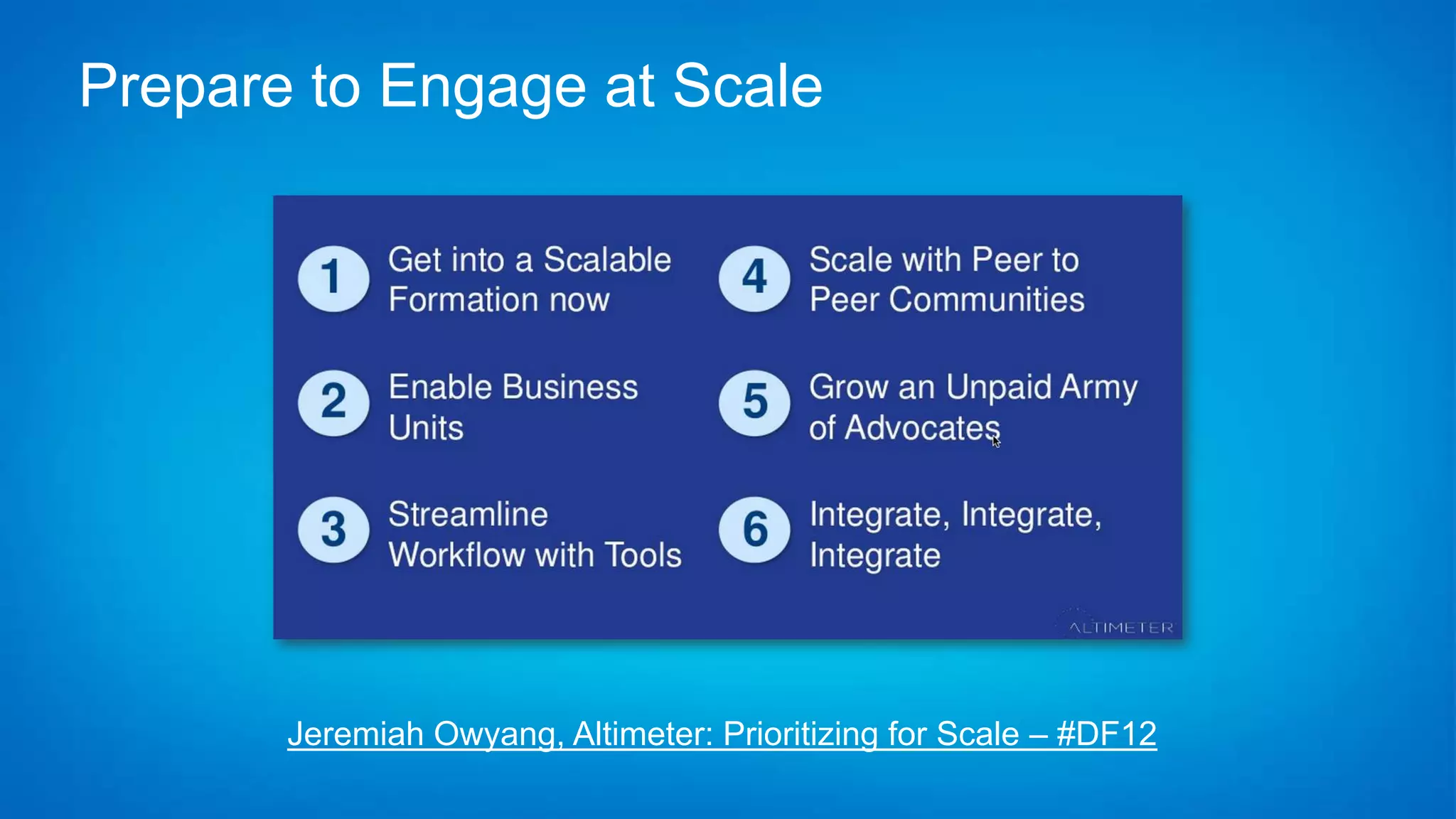 Prepare to Engage at Scale




       Jeremiah Owyang, Altimeter: Prioritizing for Scale – #DF12
 