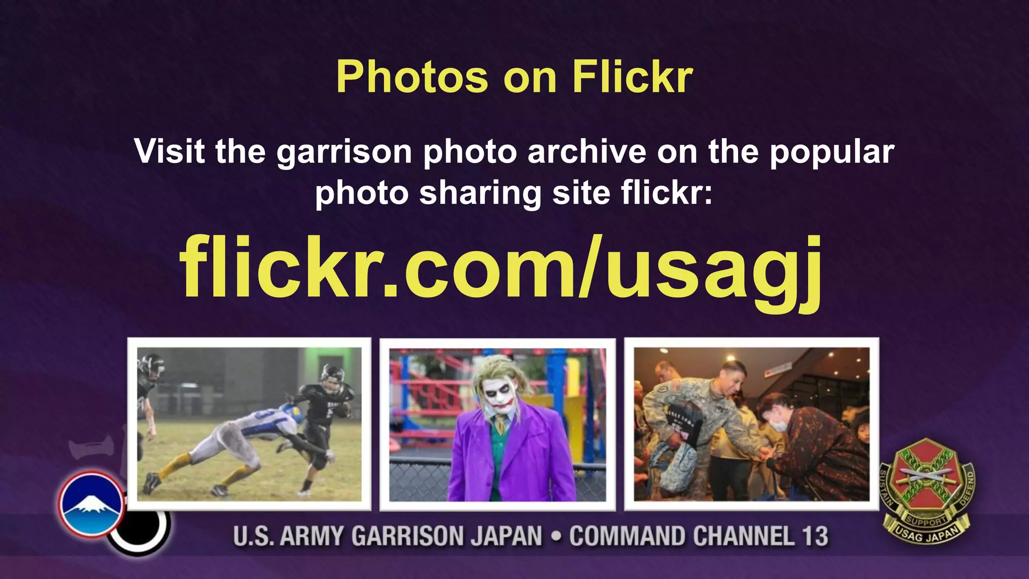 Photos on Flickr
Visit the garrison photo archive on the popular
            photo sharing site flickr:

  flickr.com/usagj
 