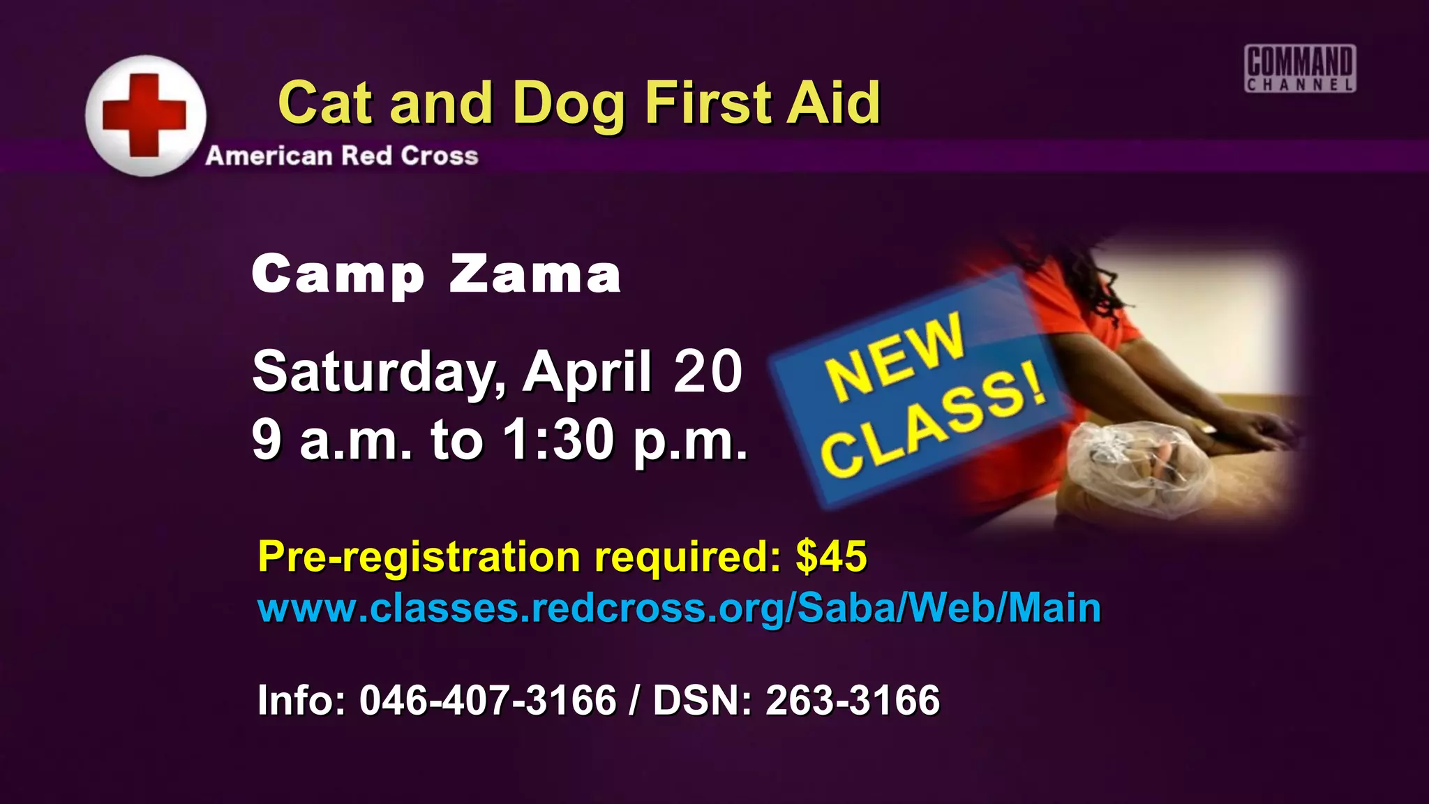 Cat and Dog First Aid

Camp Zama
Saturday, April 20
9 a.m. to 1:30 p.m.
Pre-registration required: $45
www.classes.redcross.org/Saba/Web/Main

Info: 046-407-3166 / DSN: 263-3166
 