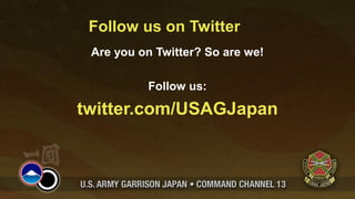 Follow us on Twitter
 Are you on Twitter? So are we!

          Follow us:

twitter.com/USAGJapan
 