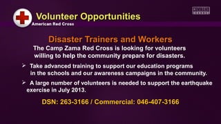 Volunteer Opportunities

         Disaster Trainers and Workers
   The Camp Zama Red Cross is looking for volunteers
   willing to help the community prepare for disasters.
 Take advanced training to support our education programs
  in the schools and our awareness campaigns in the community.
 A large number of volunteers is needed to support the earthquake
 exercise in July 2013.

      DSN: 263-3166 / Commercial: 046-407-3166
 