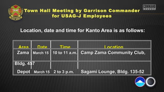 Town Hall Meeting by Gar rison Commander
              for USAG-J Employees


  Location, date and time for Kanto Area is as follows:


 Area   Date       Time              Location
 Zama March 15 10 to 11 a.m. Camp Zama Community Club,

Bldg. 457
 Depot March 15 2 to 3 p.m.   Sagami Lounge, Bldg. 135-52
 