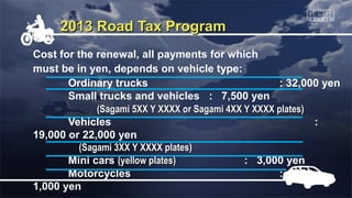 2013 Road Tax Program
Cost for the renewal, all payments for which
must be in yen, depends on vehicle type:
       Ordinary trucks                                : 32,000 yen
       Small trucks and vehicles : 7,500 yen
              (Sagami 5XX Y XXXX or Sagami 4XX Y XXXX plates)
       Vehicles                                               :
19,000 or 22,000 yen
          (Sagami 3XX Y XXXX plates)
       Mini cars (yellow plates)               : 3,000 yen
       Motorcycles                                    : 500 or
1,000 yen
 