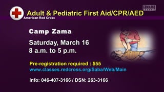 Adult & Pediatric First Aid/CPR/AED

Camp Zama
Saturday, March 16
8 a.m. to 5 p.m.
Pre-registration required : $55
www.classes.redcross.org/Saba/Web/Main

Info: 046-407-3166 / DSN: 263-3166
 