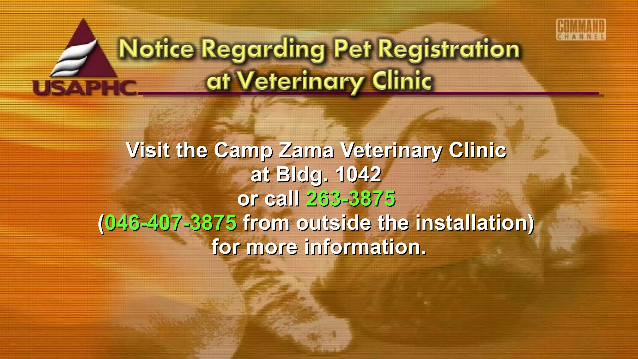 Visit the Camp Zama Veterinary ClinicVisit the Camp Zama Veterinary Clinic
at Bldg. 1042at Bldg. 1042
or callor call 263-3875263-3875
((046-407-3875046-407-3875 from outside the installation)from outside the installation)
for more information.for more information.
 