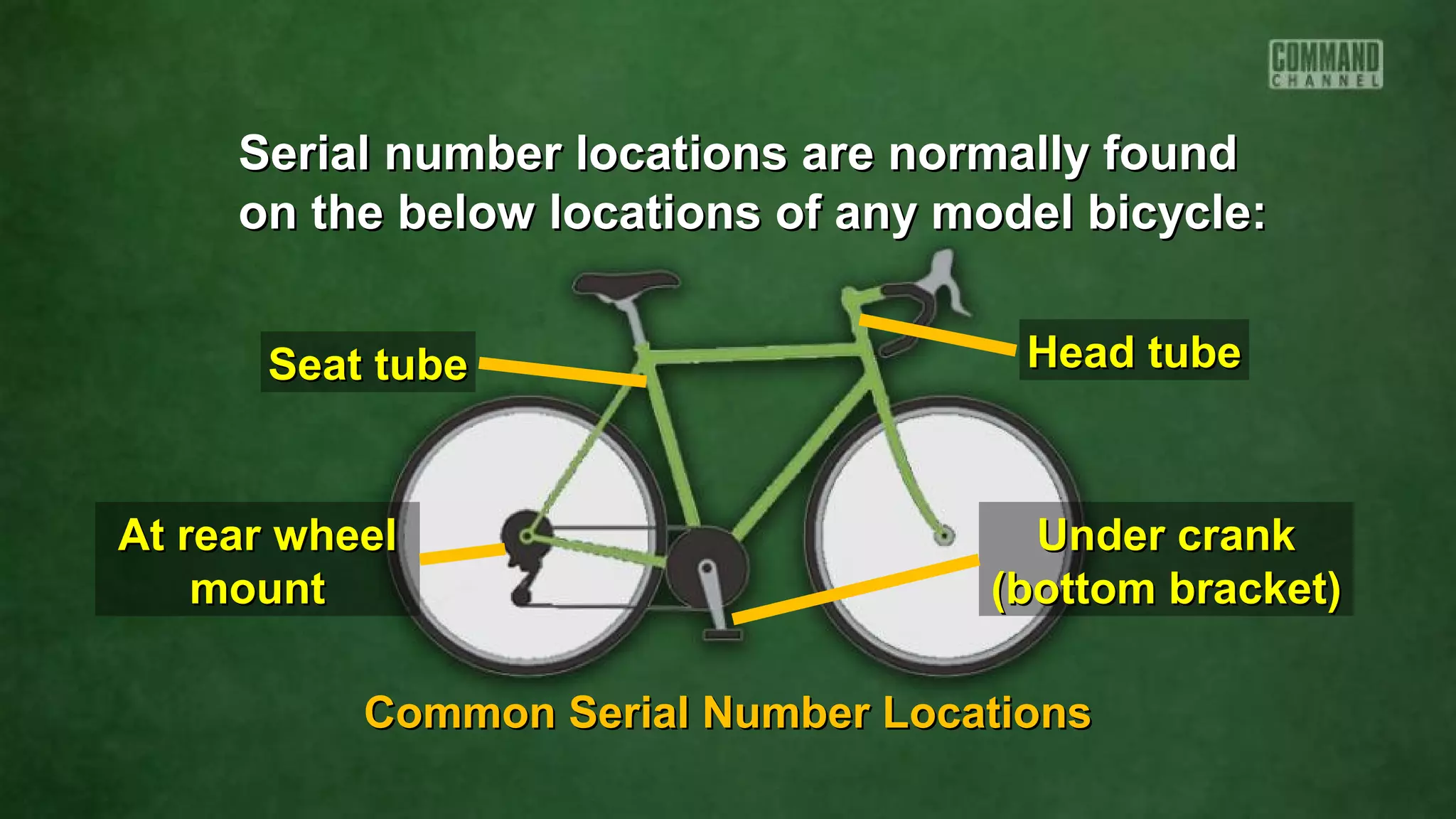 Serial number locations are normally foundSerial number locations are normally found
on the below locations of any model bicycle:on the below locations of any model bicycle:
Head tubeHead tubeSeat tubeSeat tube
At rear wheelAt rear wheel
mountmount
Under crankUnder crank
(bottom bracket)(bottom bracket)
Common Serial Number LocationsCommon Serial Number Locations
 
