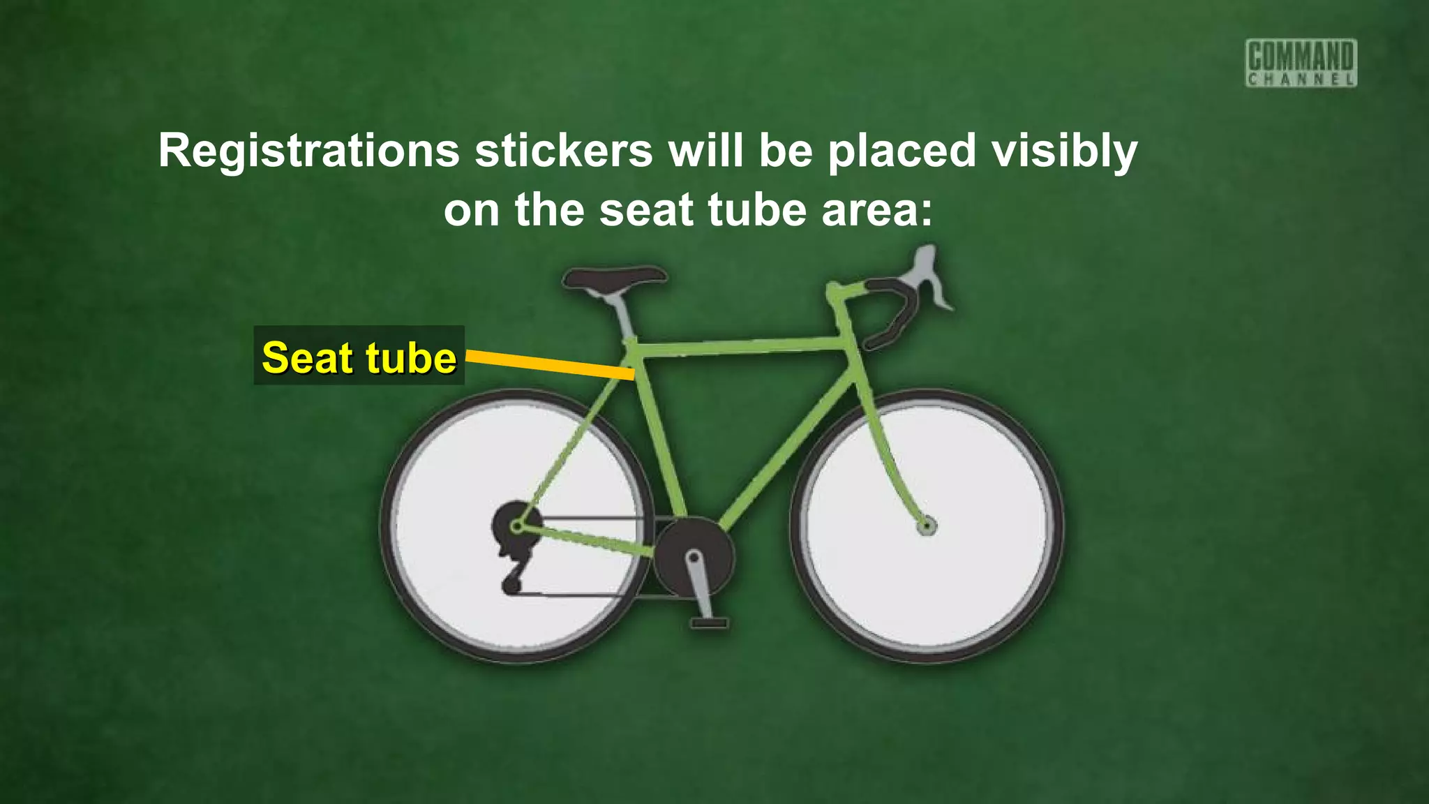 Registrations stickers will be placed visibly
on the seat tube area:
Seat tubeSeat tube
 