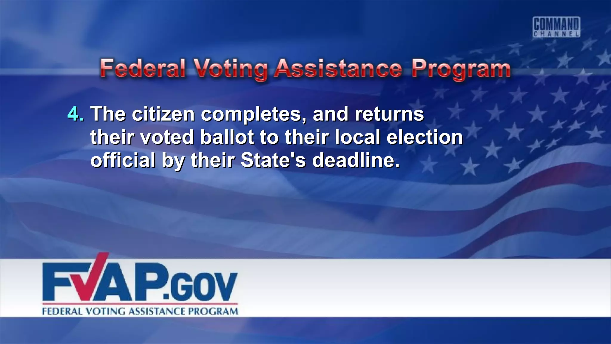 4.4. The citizen completes, and returnsThe citizen completes, and returns
their voted ballot to their local electiontheir voted ballot to their local election
official by their State's deadline.official by their State's deadline.
 