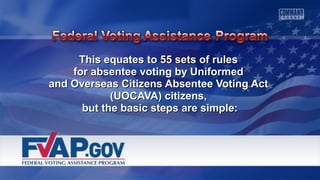 This equates ttoo 5555 sseettss ooff rruulleess 
ffoorr aabbsseenntteeee vvoottiinngg bbyy UUnniiffoorrmmeedd 
aanndd OOvveerrsseeaass CCiittiizzeennss AAbbsseenntteeee VVoottiinngg AAcctt 
((UUOOCCAAVVAA)) cciittiizzeennss,, 
bbuutt tthhee bbaassiicc sstteeppss aarree ssiimmppllee:: 
 